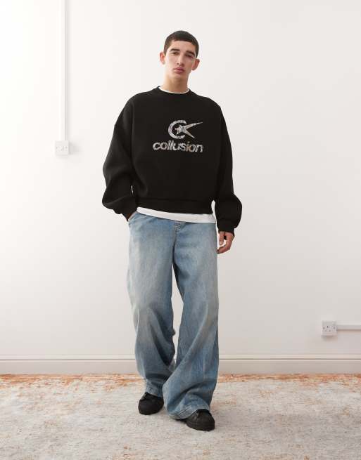 COLLUSION – Kastiges Oversize-Sweatshirt in Schwarz mit Logoprint, 2 von 5