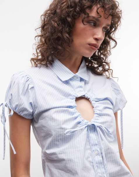 COLLUSION keyhole fitted cap sleeve shirt in blue stripe - view 1