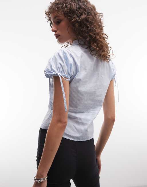 COLLUSION keyhole fitted cap sleeve shirt in blue stripes, 4 of 4