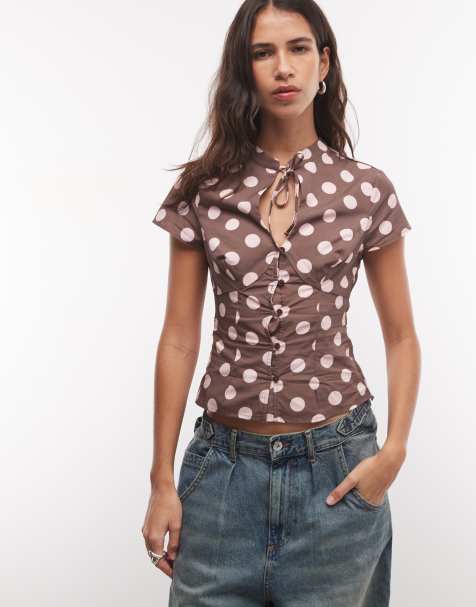 COLLUSION keyhole fitted shirt in brown with pink spot - view 1