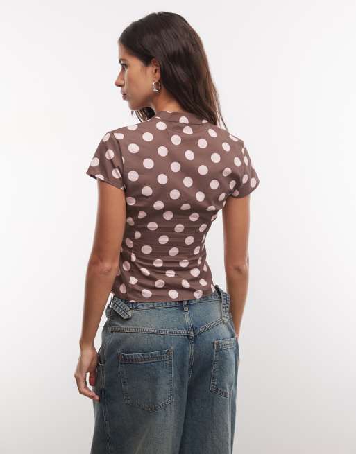 COLLUSION keyhole fitted shirt in brown with pink spot, 4 of 4