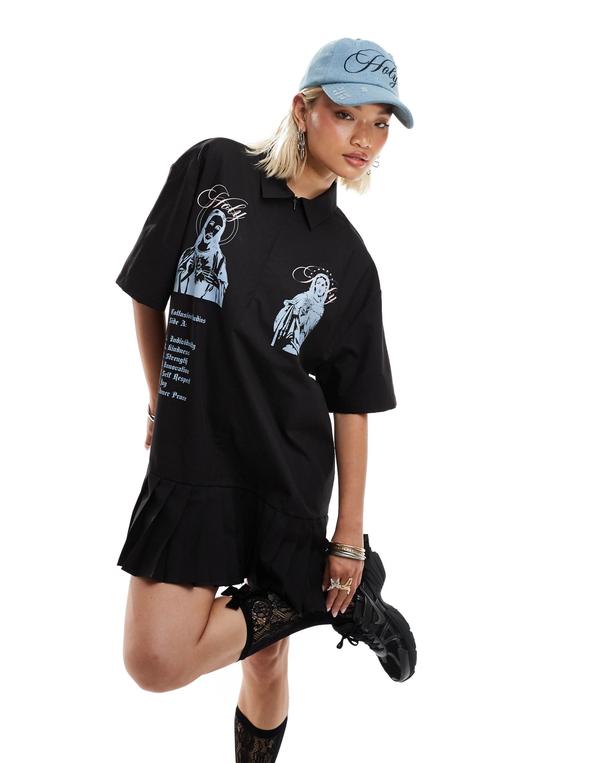 collusion kilted mini shirt dress with front print in black