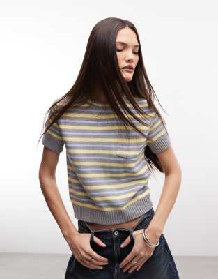 COLLUSION - Knapp geschnittener Strickpullover in gestreiftem Grau mit Kappärmeln