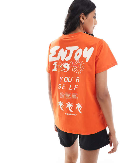 COLLUSION – Knapp geschnittenes T-Shirt in Orange mit „Enjoy Yourself“-Grafikprint