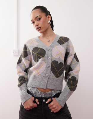 knit argyle heart cardigan in gray