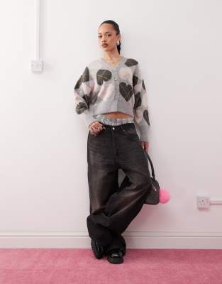 Collusion Knit Argyle Heart Cardigan In Gray