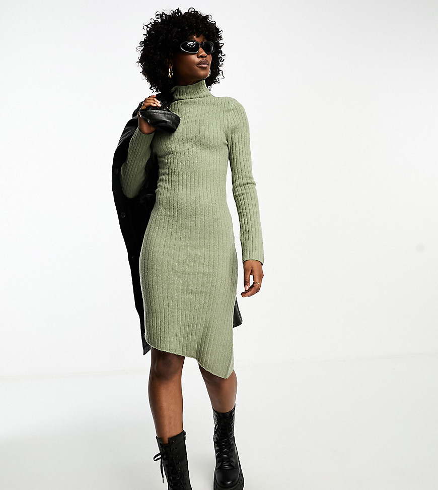 Collusion Knit Asymmetric Hem Midi Dress In Khaki Melange-multi