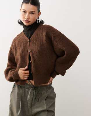 knit balloon sleeve cardigan in mocha-Blue