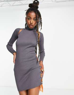 knit bodycon dress with lace up details in charcoal with orange details-Neutral