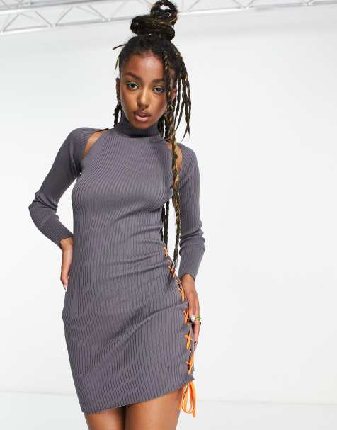 COLLUSION knit bodycon dress with lace up details in charcoal with orange details - view 1