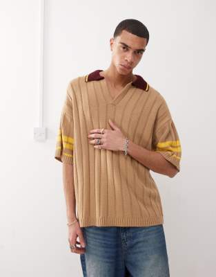 knit brown oversized shirt with collar