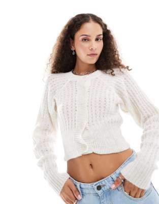 COLLUSION knit button up cropped cardi in cream-Neutral