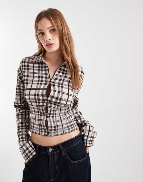 COLLUSION knit button up top in plaid - view 1