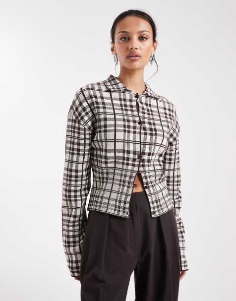 COLLUSION knit button up top in plaid - view 1