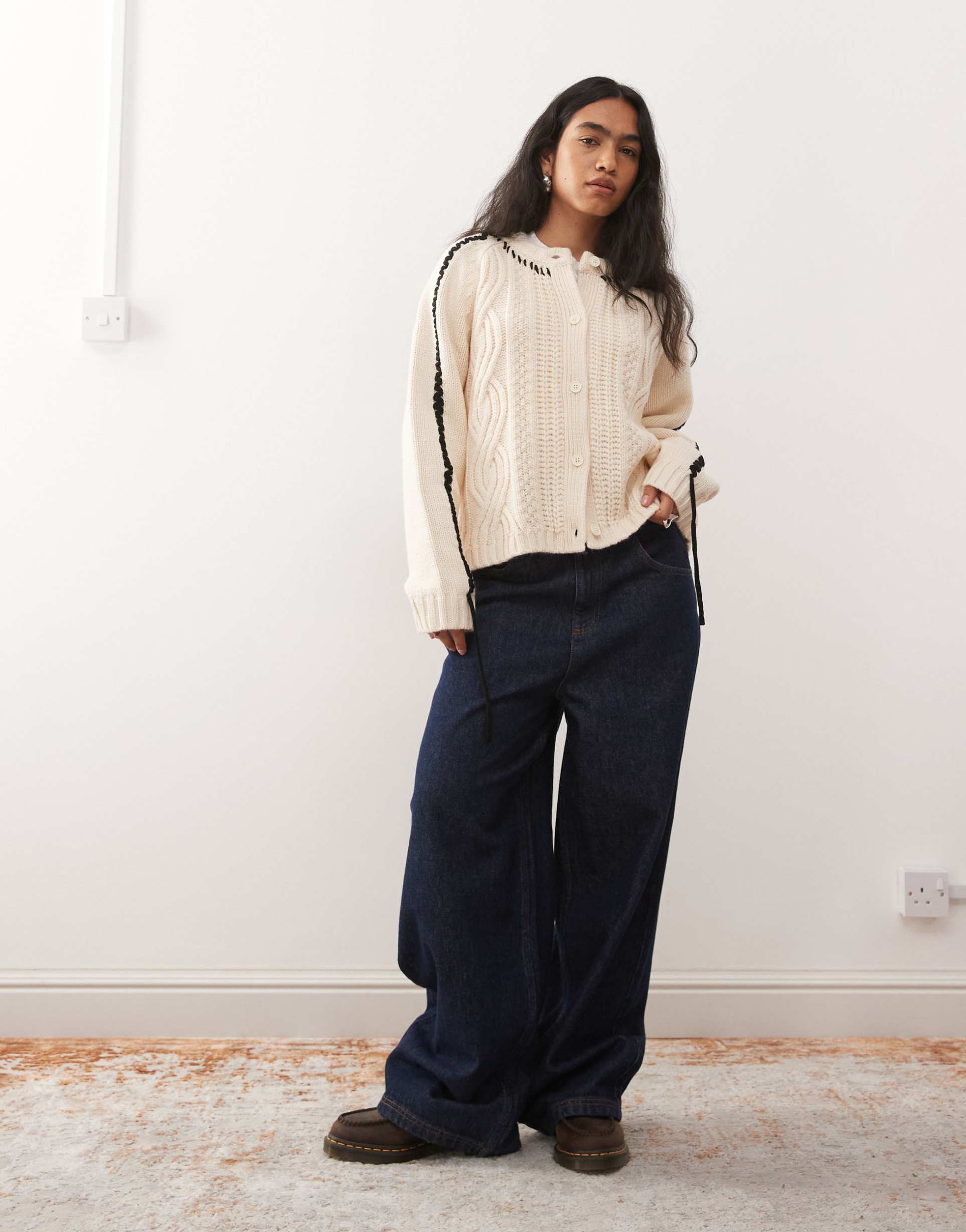 collusion knit cable cardigan with chunky contrast stitch in cream