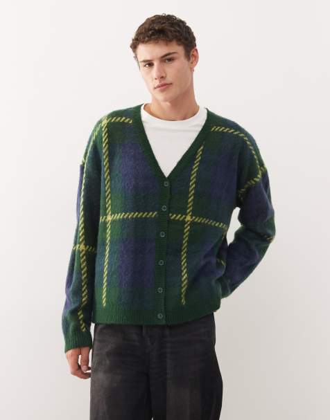 COLLUSION knit cardigan with blue and neon green plaid - view 1