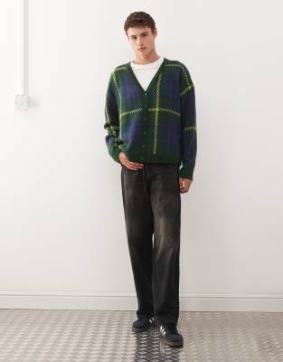 Collusion Knit Cardigan With Blue And Neon Green Plaid-multi In Multi