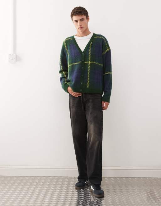 COLLUSION knit cardigan with blue and neon green plaid