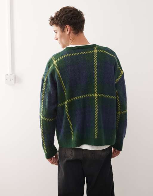 COLLUSION knit cardigan with blue and neon green plaid