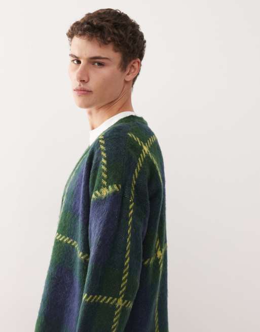 COLLUSION knit cardigan with blue and neon green plaid