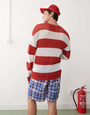 COLLUSION knitted crotchet stripe jumper in red
