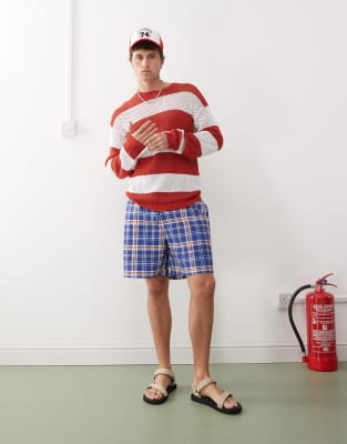 COLLUSION knitted crotchet stripe jumper in red