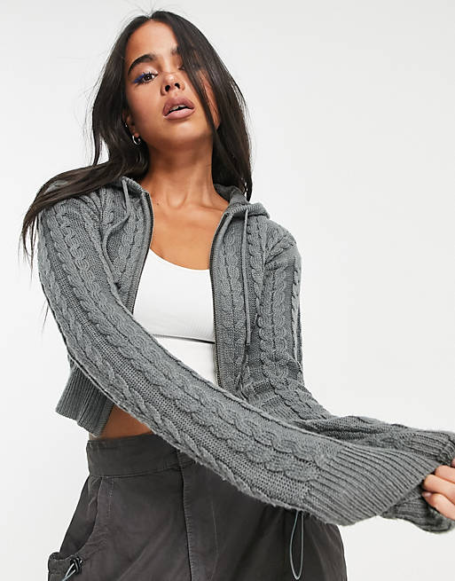 COLLUSION knit cropped ribbed hoodie in gray heather