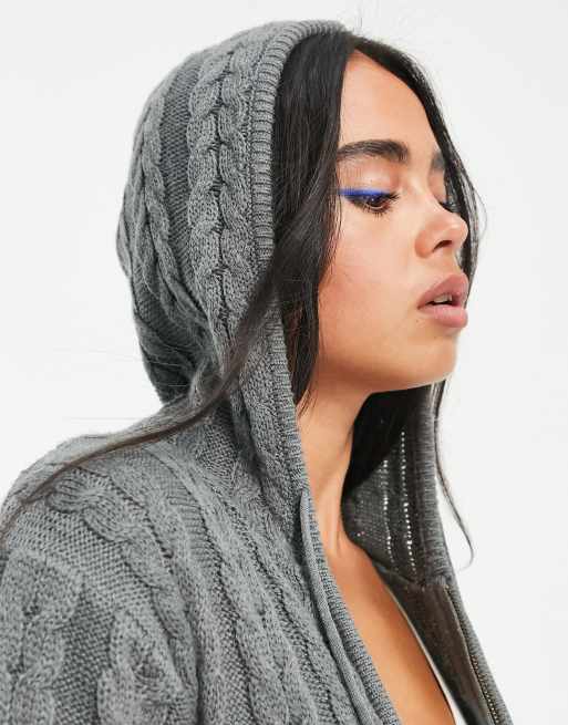 COLLUSION knit cropped ribbed hoodie in gray heather