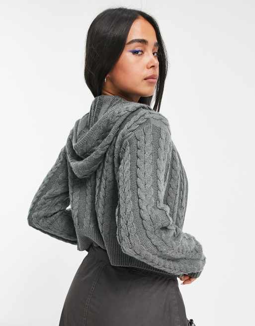 COLLUSION knit cropped ribbed hoodie in gray heather