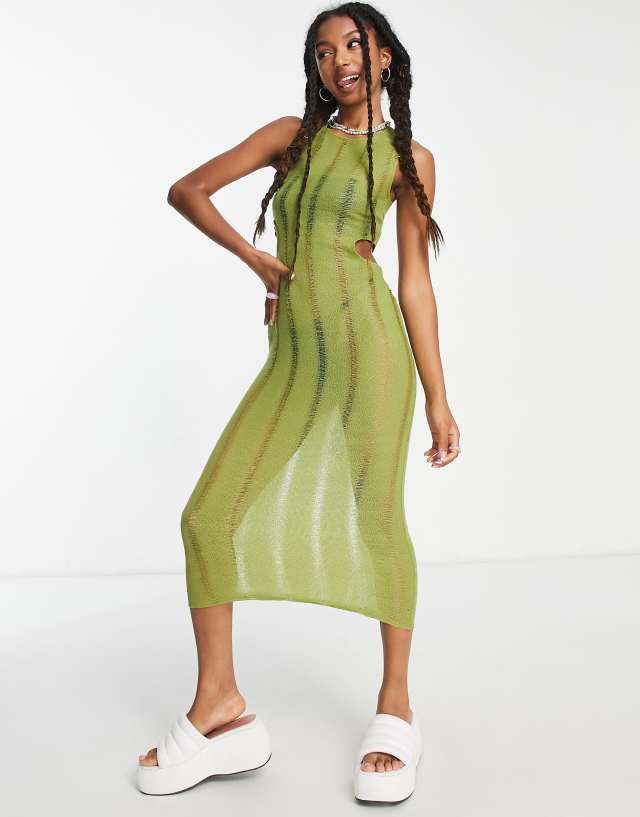 COLLUSION knit cut out tank top midi dress in green