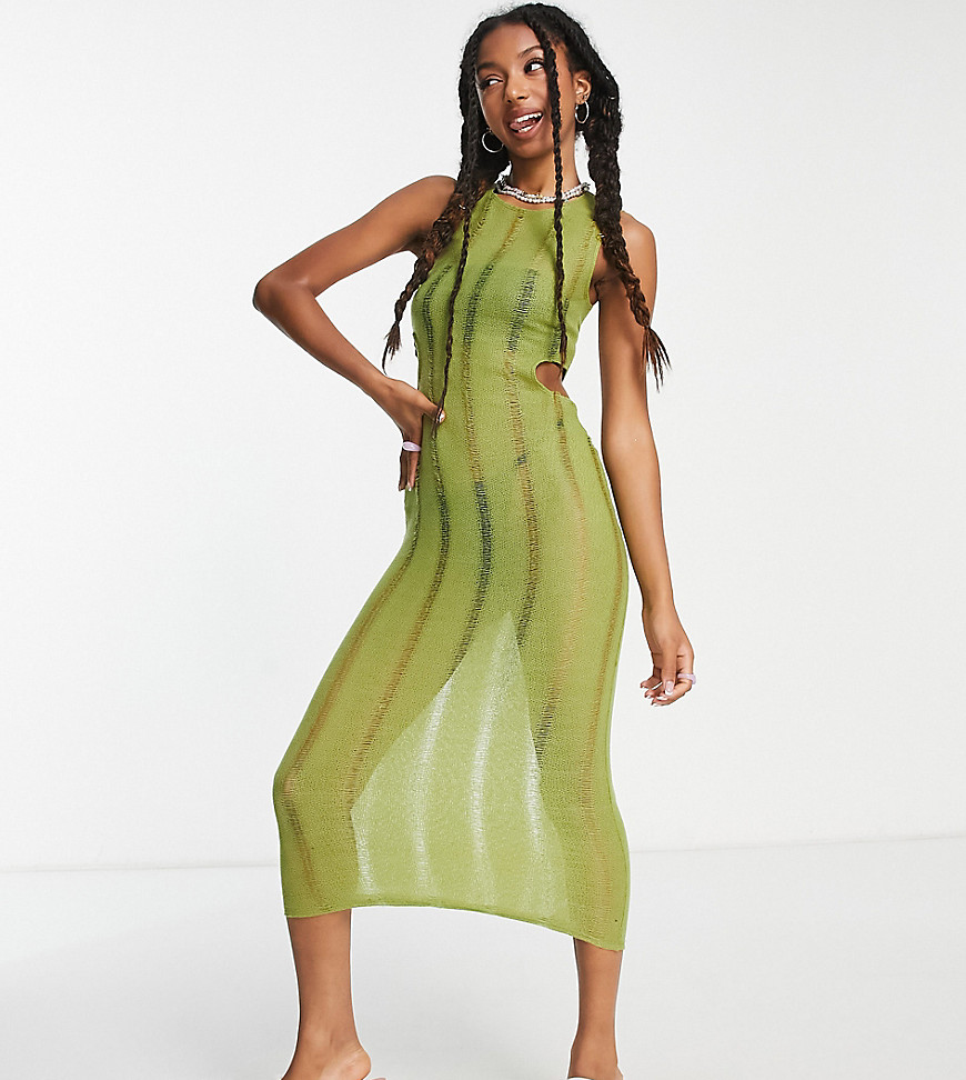 COLLUSION knit cut out vest midi dress in green