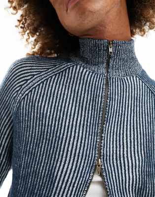 Collusion Knit Double Ended Zip Through Plated Sweater In Blue