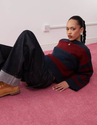 Collusion Knit Fluffy Striped Sweater In Red