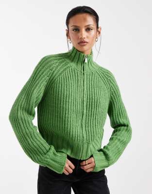 Collusion Knit Funnel Neck Zip Up Shrunken Sweater-green