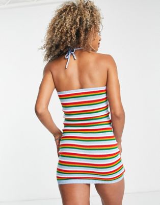 COLLUSION knit halter neck dress with striped print