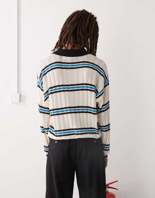 COLLUSION knit lightweight long sleeve polo sweater in cream, 3 of 4