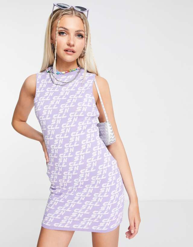 COLLUSION knit mini dress with text print in lilac and white