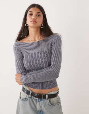 Collusion Knit Off-shoulder Washed Long Sleeve Top-gray