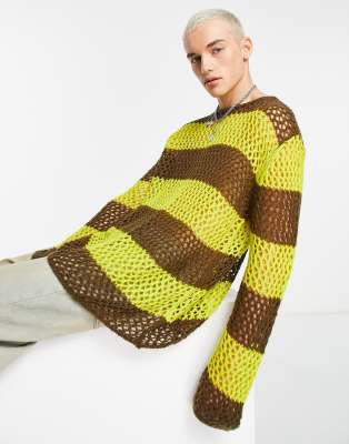 Collusion Knit Open Knit Sweater In Brown And Yellow-multi