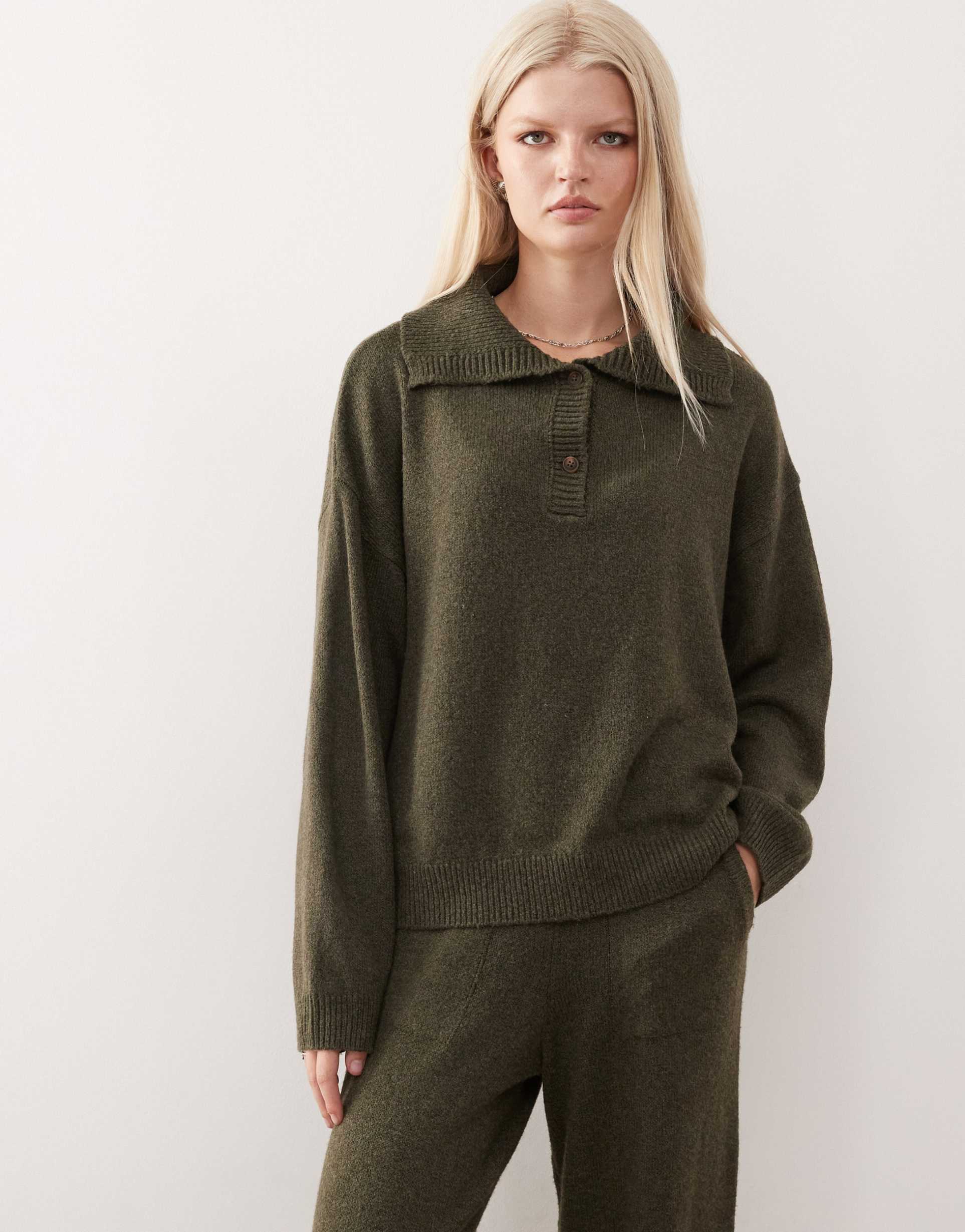 collusion knit oversized button up sweater in khaki - part of a set
