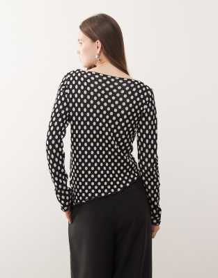 Collusion Knit Polka Dot Slash Neck Asymmetric Cardigan-black In Black