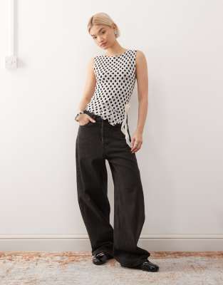 Collusion Knit Polka Dot Slash Neck Ruffle Top-gray In White
