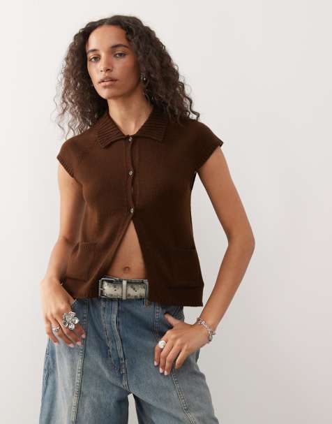 COLLUSION knit raglan cap sleeve top in chocolate - view 1
