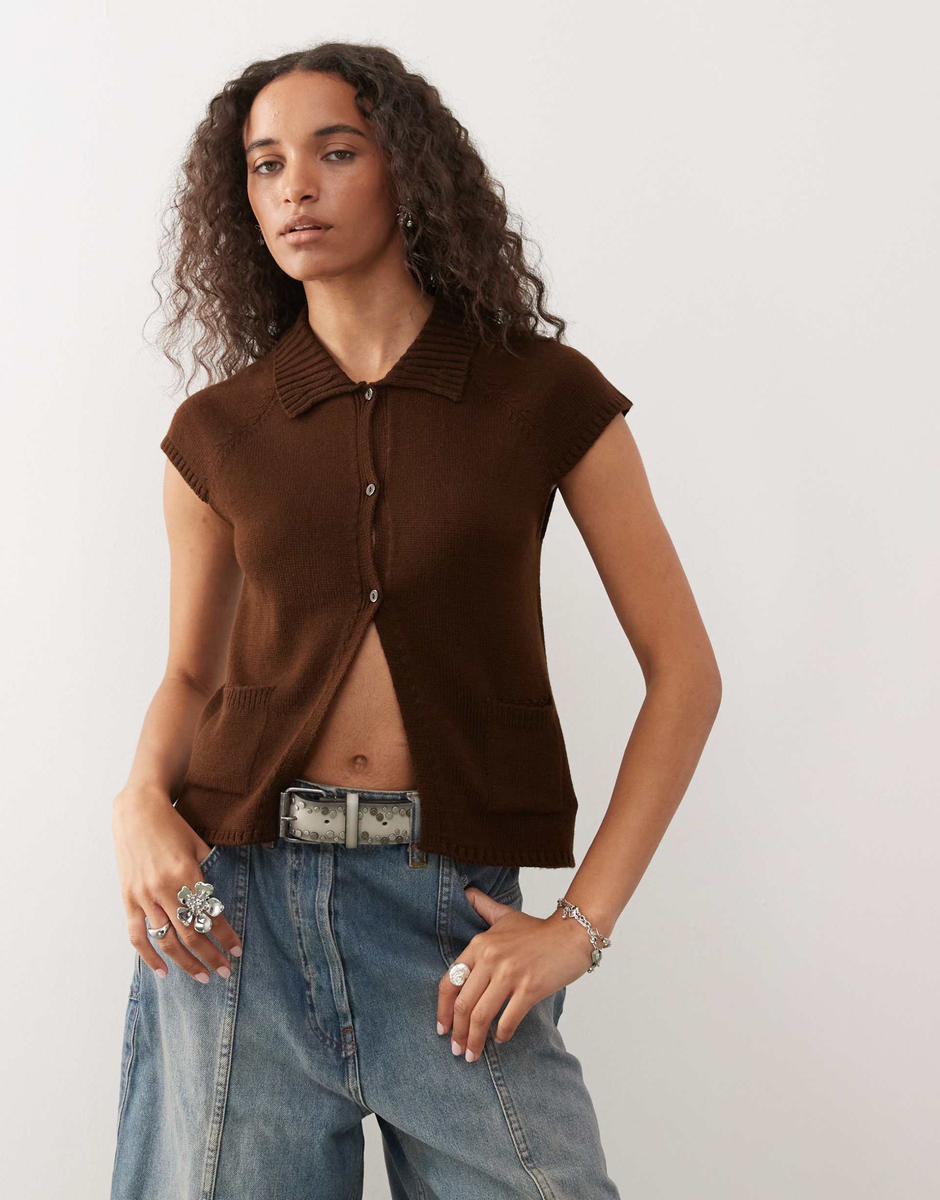 collusion knit raglan cap sleeve top in chocolate