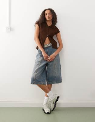 Collusion Knit Raglan Cap Sleeve Top-brown