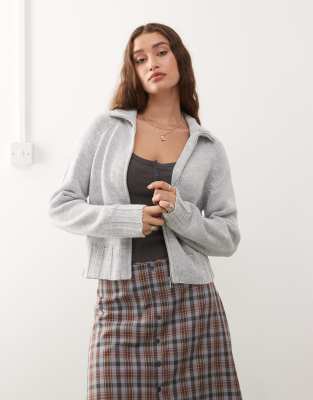 Collusion Knit Raglan Zip Up Sweater With Varsity Number Detail In Gray