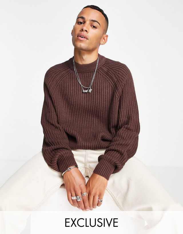 COLLUSION knit rib crew neck sweater in chocolate brown