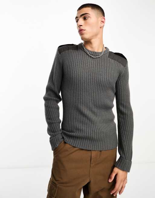 COLLUSION knit ribbed crewneck sweater with utility details in charcoal gray