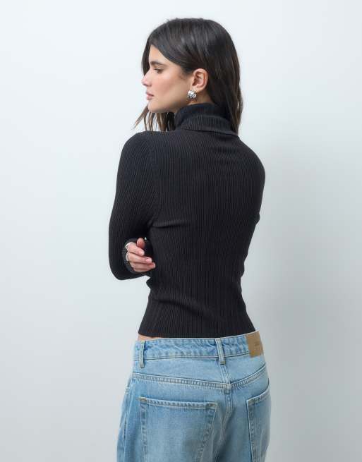 COLLUSION knit ribbed turtle neck sweater in black, 3 of 4