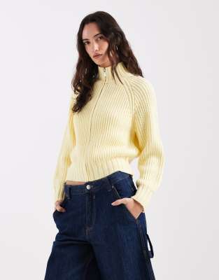 COLLUSION knit shrunken funnel neck zip up cardigan in yellow